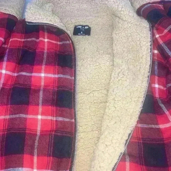 LOVE + JOY tartan red plaid sherpa zip up Jacket size Small Exc Con - Picture 5 of 8